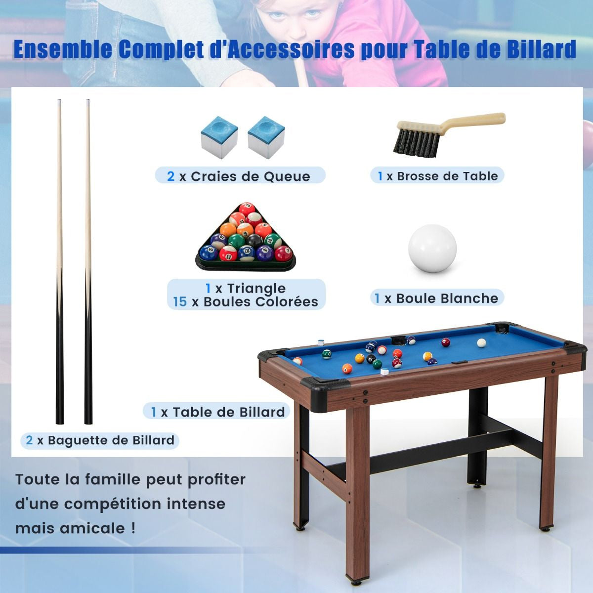 Table De Billard De 122 Cm En Bois Avec Jeu Complet De Boules 2 Queues De Billard 2 Craies Triangle Brosse Table Compacte Bleu/Vert