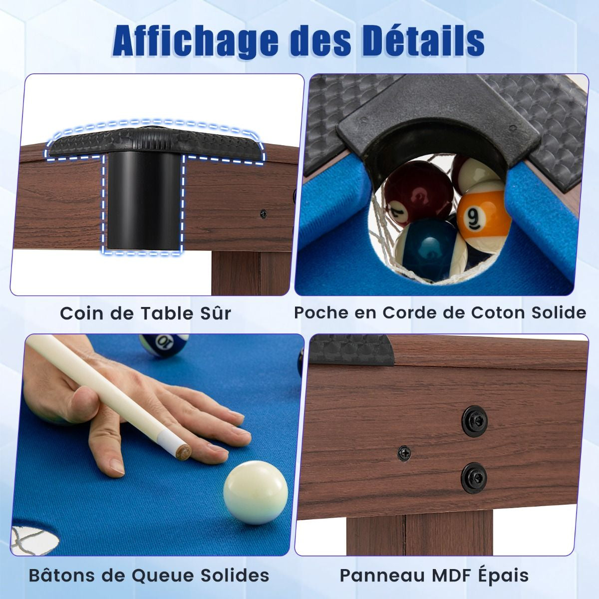Table De Billard De 122 Cm En Bois Avec Jeu Complet De Boules 2 Queues De Billard 2 Craies Triangle Brosse Table Compacte Bleu/Vert