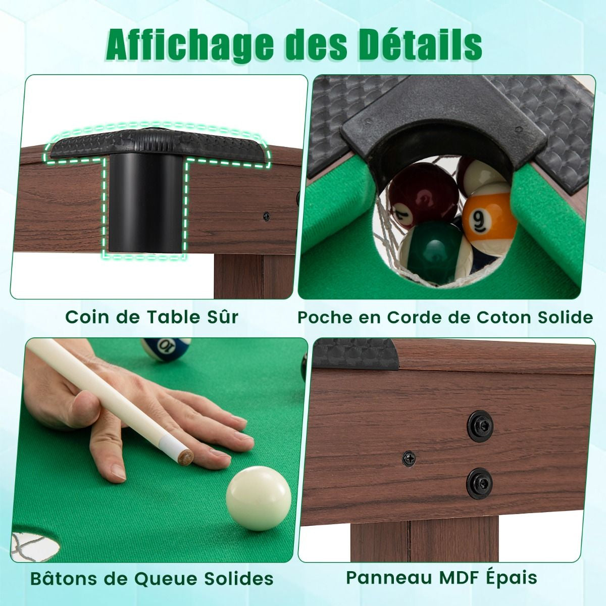 Table De Billard De 122 Cm En Bois Avec Jeu Complet De Boules 2 Queues De Billard 2 Craies Triangle Brosse Table Compacte Bleu/Vert